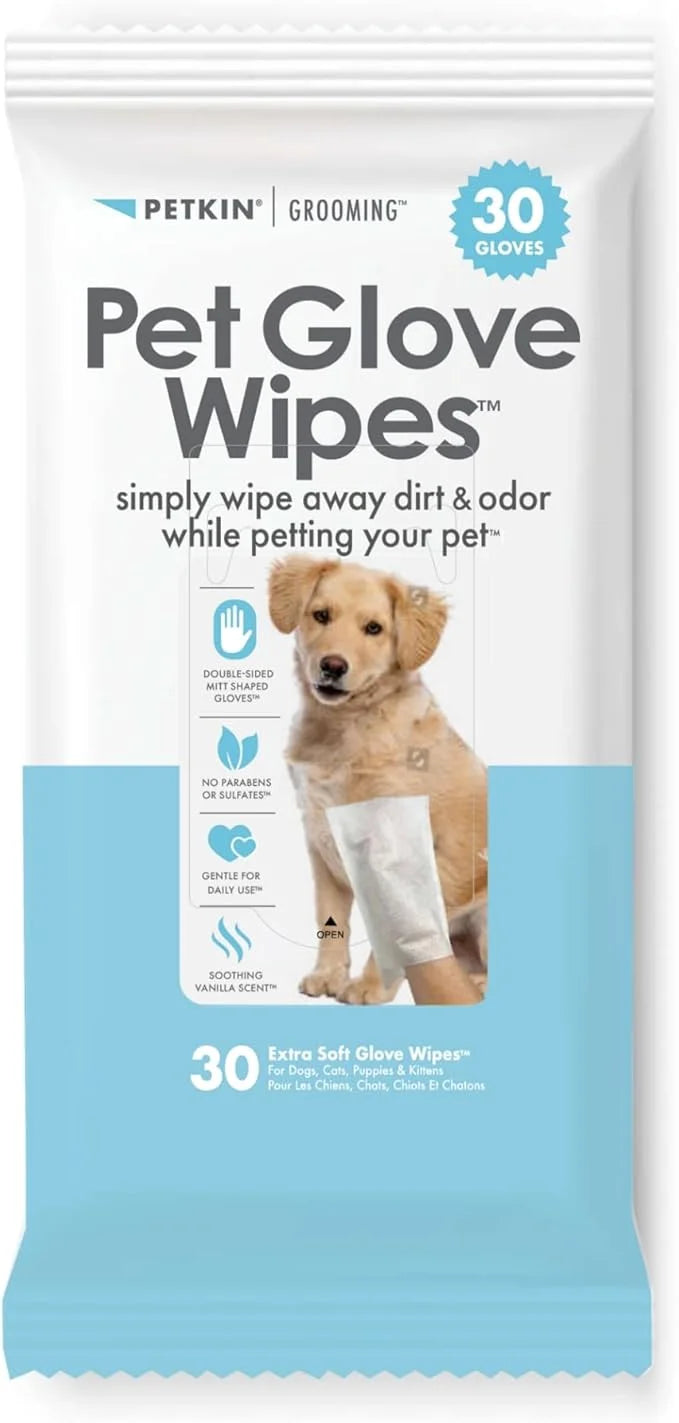 Petkin Pet Glove Wipes for Dogs and Cats, 30 Wipes - Double-Sided Cleaning Wipes - Gently Cleans Ears, Face, Butt, Body an...