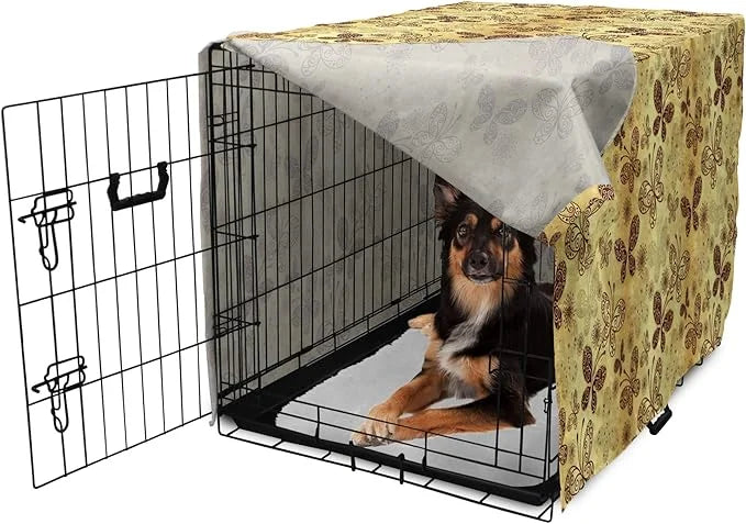 Lunarable Yellow and Brown Dog Crate Cover, Butterflies with Lace Style Ornament Spring Season Beauty Nature Print, Easy t...