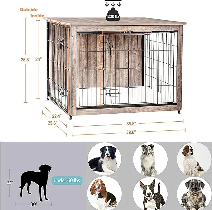 DWANTON Dog Crate Furniture with Cushion, Wooden Kennel Table with Double Doors, Indoor Dog House, Large Size, 38.5" L, Gr...