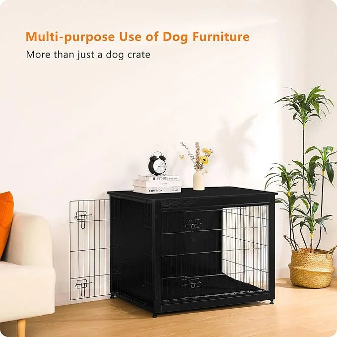 DWANTON Dog Crate Furniture with Cushion, Wooden Kennel Table with Double Doors, Indoor Dog House, Large Size, 38.5" L, Bl...