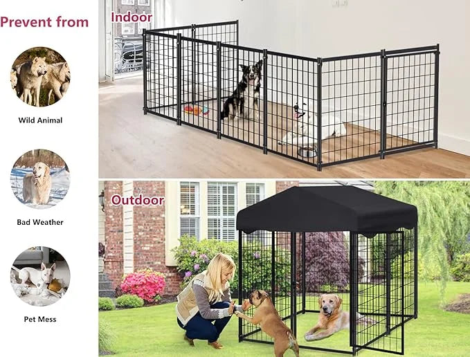 Heavy Duty Outdoor Dog House - Large Kennel with Roof, 4'L x 4'W x 4.5'H - Black Dog Crate with Cover, 2 Set - Product Image