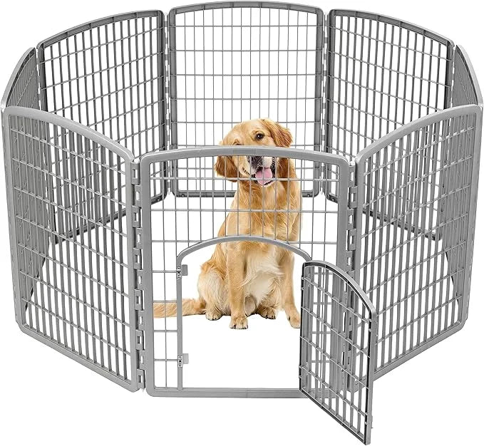 IRIS USA Dog Playpen, 8-Panel 34" Pet Playpen with Door, Puppy Playpen, Indoor/Outdoor Dog Pen, 63 x 63 x 34, Foldable, Cu...