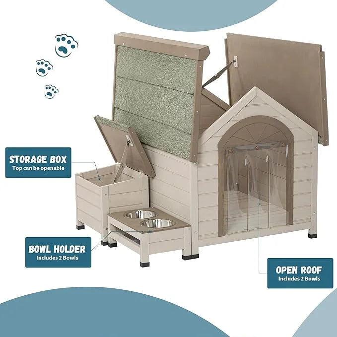 NicBex Dog Houses for Small Medium Large Dogs with Open Roof,Storage Box,2 Feeding Bowls Outdoor & Indoor,Wooden Puppy She...