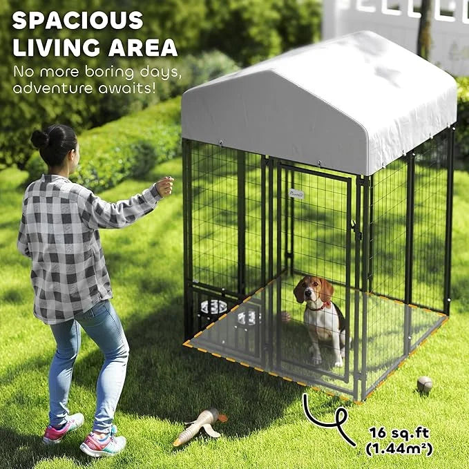 PawHut 3.9' x 3.9' x 6' Outdoor Dog Kennel, Welded Wire Heavy Duty Dog Run with 360° Rotating & 4 Level Adjustable Bowls, ...