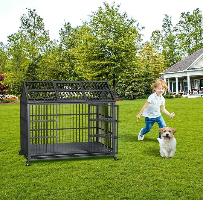 Heavy Duty Dog Crate, 52 Inch Dog Crate with Double Door, 360° Lockable Wheels and Removable Tray, Easy to Assembly,Indoor...