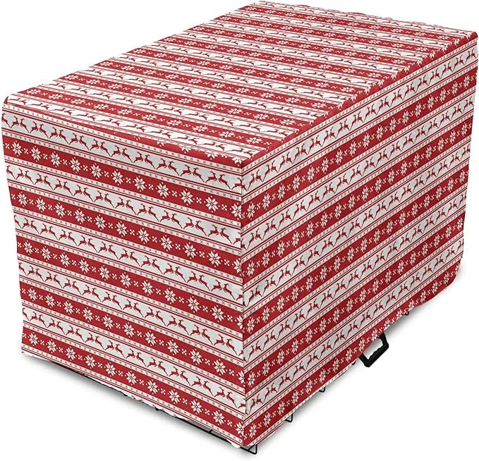 Ambesonne Christmas Dog Crate Cover, Xmas Winter Themed Deers Snowflakes in Nordic Pattern Borders and Lines Art, Easy to ...