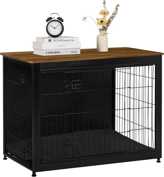 DWANTON Dog Crate Furniture with Cushion, Wooden Kennel Table with Double Doors, Indoor Dog House, Large Size, 38.5" L, Bl...