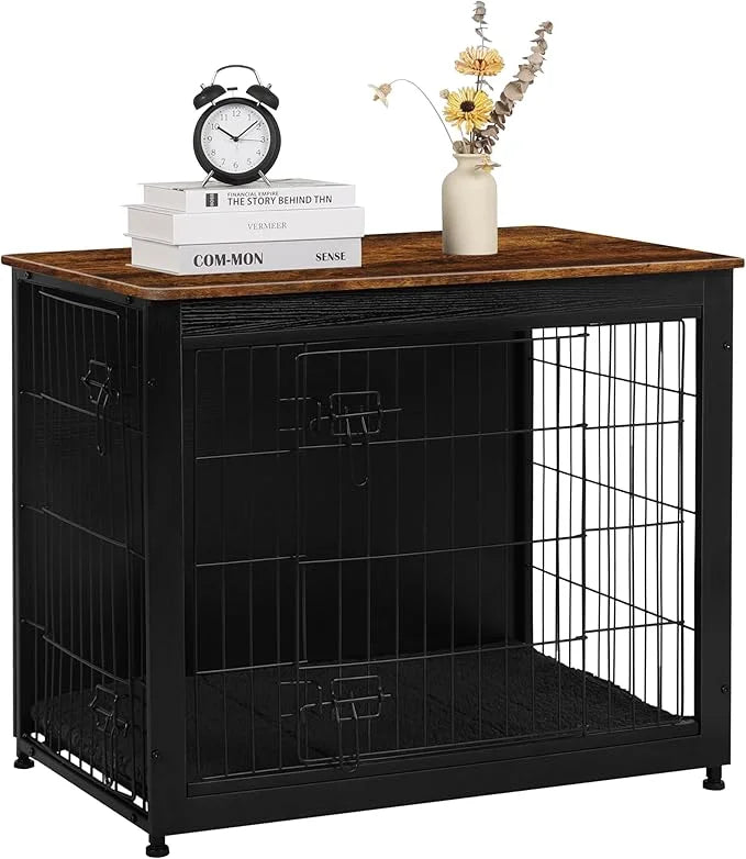 DWANTON Dog Crate Furniture with Cushion, Wooden Kennel Table with Double Doors, Indoor Dog House, Medium Size, 32.5" L, B...