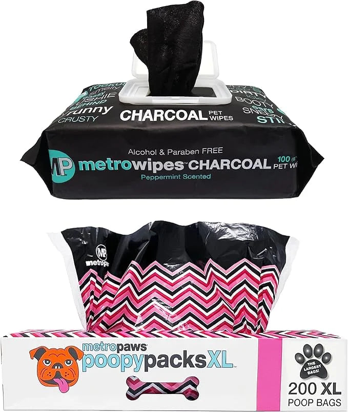 MetroPaws Peppermint Dog Wipes, 100 Extra Large, Thick Cleaning Wipes & Waste Packs XL - 200 Extra Large Dog Bags, Leakpro...