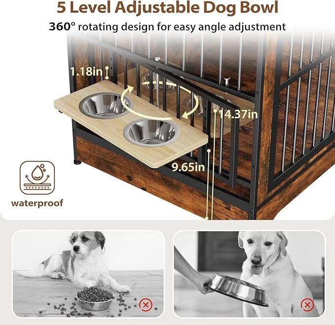 Rovibek 78 Double Dog Crate Furniture for 2 Large Dogs Indoor, Wooden Furniture Dog Crates with Dog Bowl, Dog Kennel Furni...