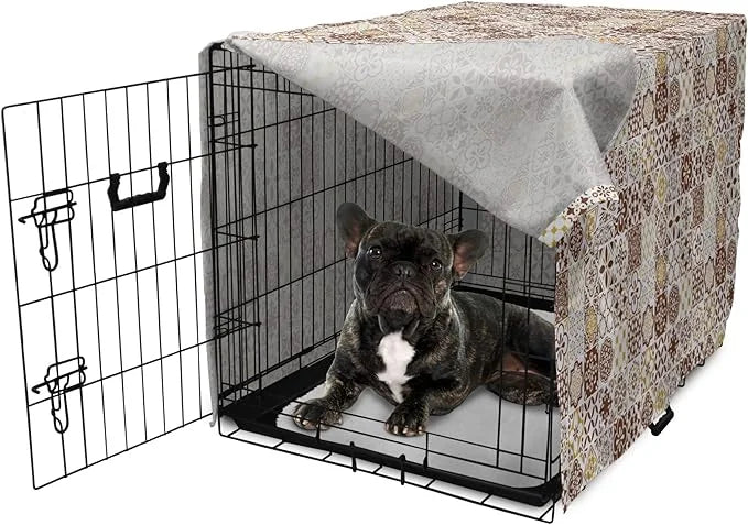 Lunarable Ethnic Dog Crate Cover, Portuguese Azulejo Mosaics with Floral Scrolls Retro Mediterranean, Easy to Use Pet Kenn...