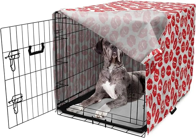 Lunarable Kiss Dog Crate Cover, Rhythmic Make up Red Luscious Lips Lipstick Imprint Illustration, Easy to Use Pet Kennel C...
