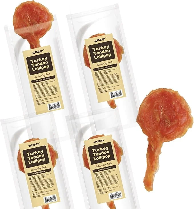 Turkey Tendon for Dogs, Turkey Tendon Lollipop Pack of 4, 100% Natural, USA-Sourced, High-Protein, Low-Fat, Grain Free, Ch...