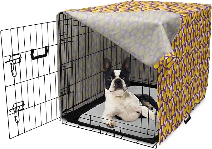 Lunarable Candy Corn Dog Crate Cover, Halloween Themed Pattern of Irregular Tasty Junk Food for Comfort, Easy to Use Pet K...