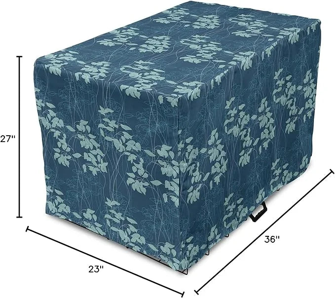 Lunarable Blue Floral Dog Crate Cover, Abstract Leaves and Outlines Rural Field Garden Foliage Art, Easy to Use Pet Kennel...