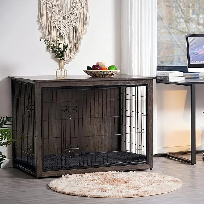 DWANTON Dog Crate Furniture with Cushion, Wooden Kennel Table with Double Doors, Indoor Dog House, Extra Large Size, 43.3"...