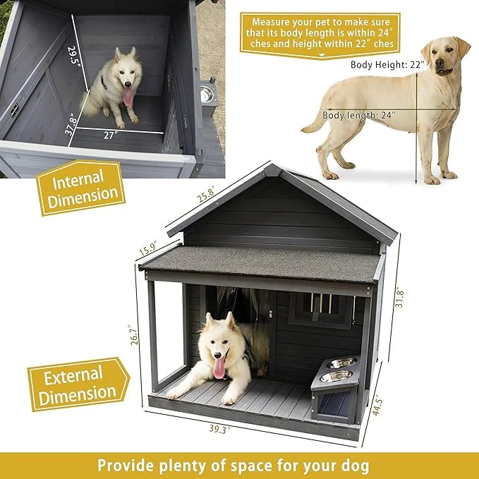 YOTPO Large Outdoor Fir Wood Dog House with Spacious Terrace,Breathable Window&2 Feeding Stainless Bowls,Dog Kennel W/Soli...