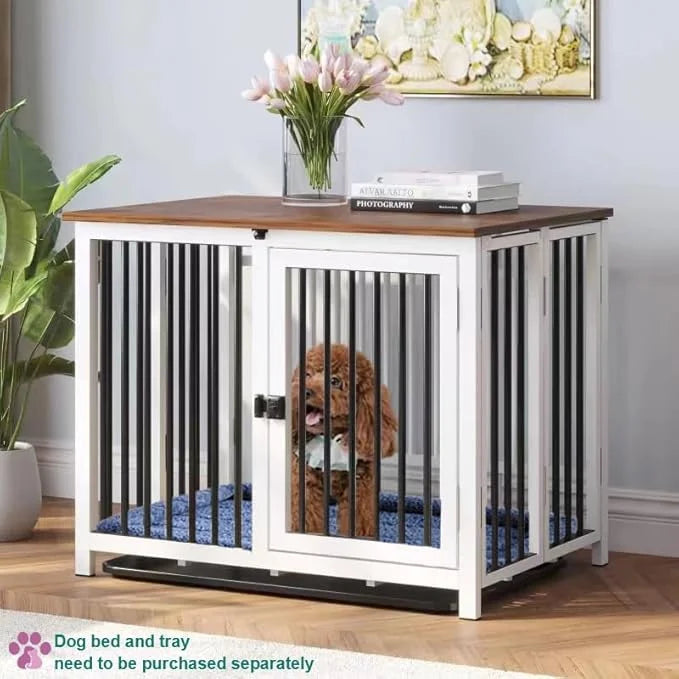 Heavy Duty Dog Crate Furniture, Fully Assembled exc. Locks, All Metal Frame & Wooden Tabletop, Modern Kennel for Small Dog...