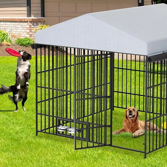 Outdoor Dog Kennel - 6.6 x 6.6 x 6.4 ft Outside Dog Kennel with Roof, Large Dog Outdoor Kennel with Rotating Feeding Bowls...
