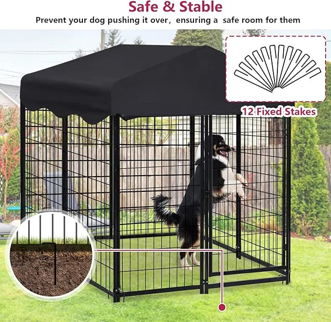 Heavy Duty Outdoor Dog House - Large Kennel with Roof, 4'L x 4'W x 4.5'H - Black Dog Crate with Cover, 2 Set - Product Image
