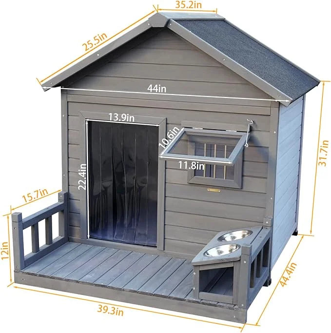 Outdoor Large Dogs House with Spacious Terrace,Open Waterproof Asphalt Roof Dog Kennel W/Breathable Window & 2 Feeding Sta...