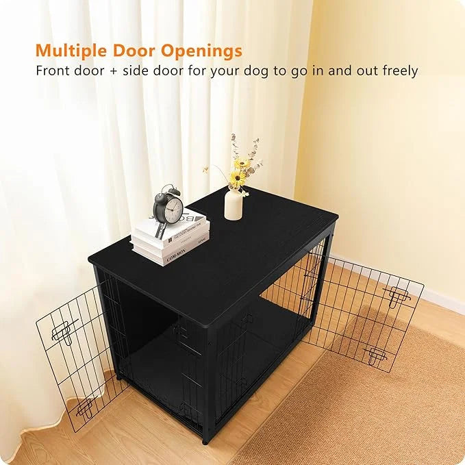 DWANTON Dog Crate Furniture with Cushion, Wooden Kennel Table with Double Doors, Indoor Dog House, Large Size, 38.5" L, Bl...