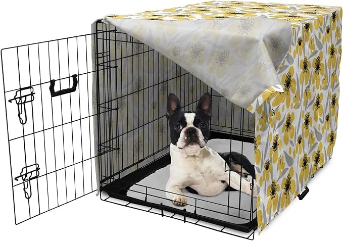 Ambesonne Floral Dog Crate Cover, Minimalistic Graphic Drawing of Yellow Flowers Pattern, Easy to Use Pet Kennel Cover for...