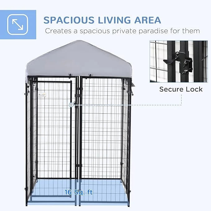 PawHut Outdoor Dog Kennel with Roof, 4' x 4' x 6' Heavy Duty Welded Wire Dog Playpen Enclosure with Escape-Proof Lock, UV-...