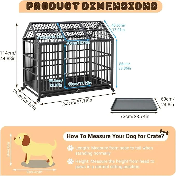 Heavy Duty Dog Crate, 52 Inch Dog Crate with Double Door, 360° Lockable Wheels and Removable Tray, Easy to Assembly,Indoor...