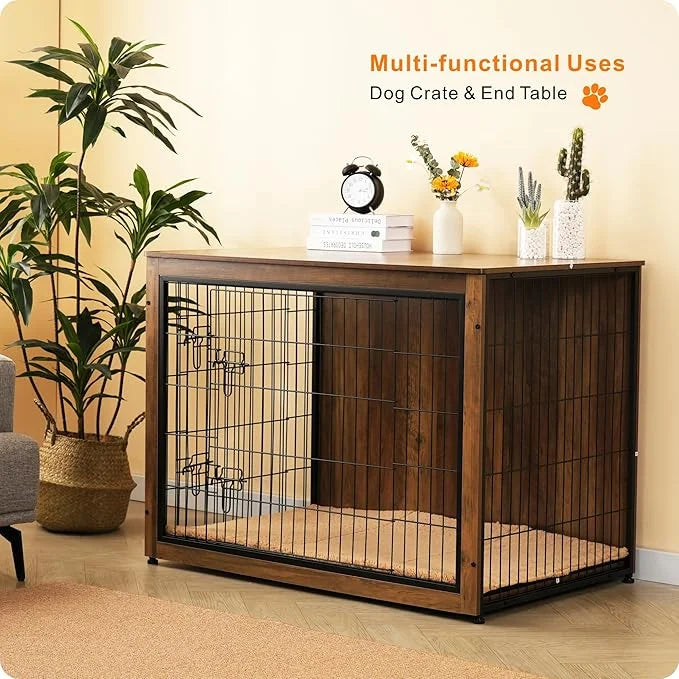 DWANTON Dog Crate Furniture with Cushion, Wooden Kennel Table with Double Doors, Indoor Dog House, Extra Large, 43.3" L, W...