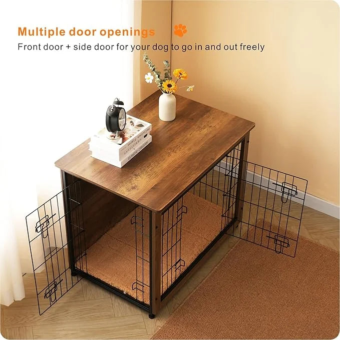 DWANTON Dog Crate Furniture with Cushion, Wooden Kennel Table with Double Doors, Indoor Dog House, Medium Size, 32.5" L, W...