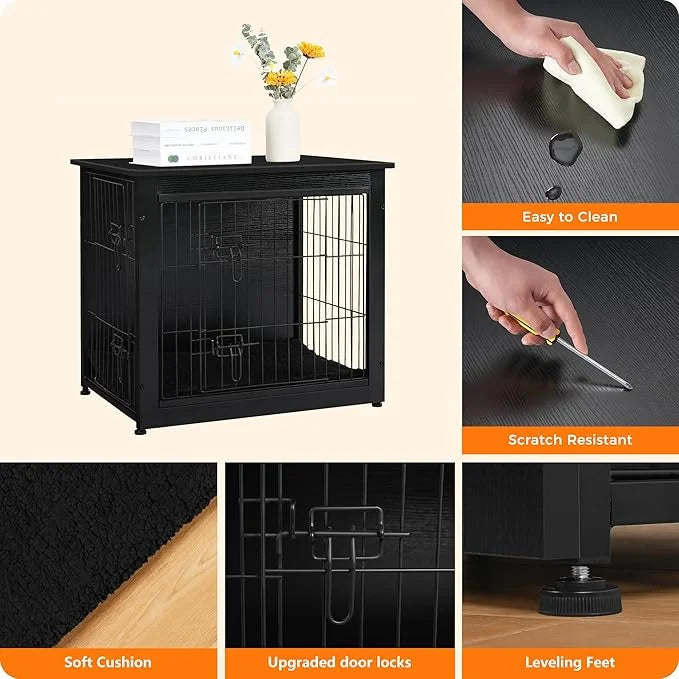 DWANTON Dog Crate Furniture with Cushion, Wooden Kennel Table with Double Doors, Indoor Dog House, Small/Medium/Large Size...