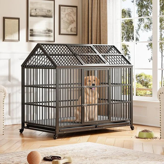 Heavy Duty Dog Crate, 52 Inch Dog Crate with Double Door, 360° Lockable Wheels and Removable Tray, Easy to Assembly,Indoor...