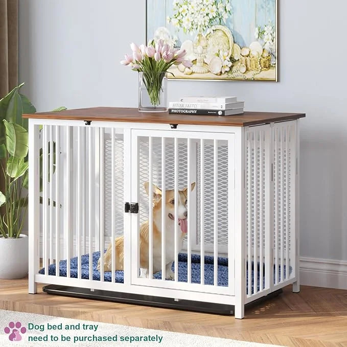 Heavy Duty Dog Crate Furniture, Fully Assembled exc. Locks, All Metal Frame & Wooden Tabletop, Modern Kennel for Small/Med...