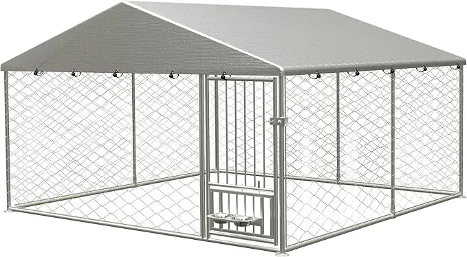 Large Outdoor Dog Kennel, Heavy Duty Galvanized Steel Dog Enclosure with Swivel Feeder, Chicken Coop w/Waterproof UV-Resis...