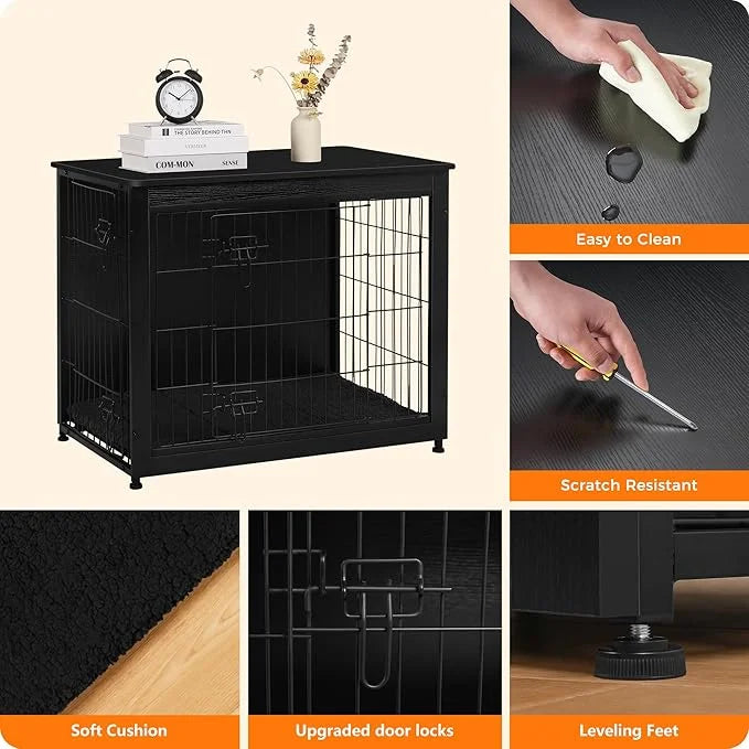 DWANTON Dog Crate Furniture with Cushion, Wooden Kennel Table with Double Doors, Indoor Dog House, Medium Size, 32.5" L, B...