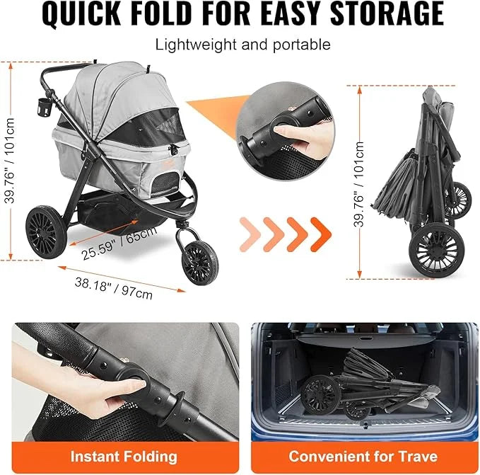 VEVOR Large Pet Stroller for Dogs Cats up to 75lbs, 3 Wheels Folding Cat Dog Stroller, Portable Pet Jogging Stroller with ...
