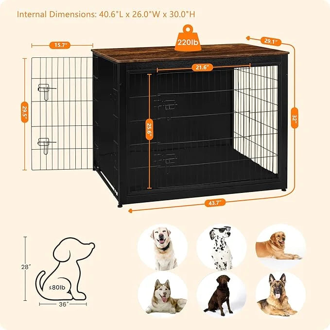 DWANTON Dog Crate Furniture with Cushion, Wooden Kennel Table with Double Doors, Indoor Dog House, Extra Large Size, 43.3"...