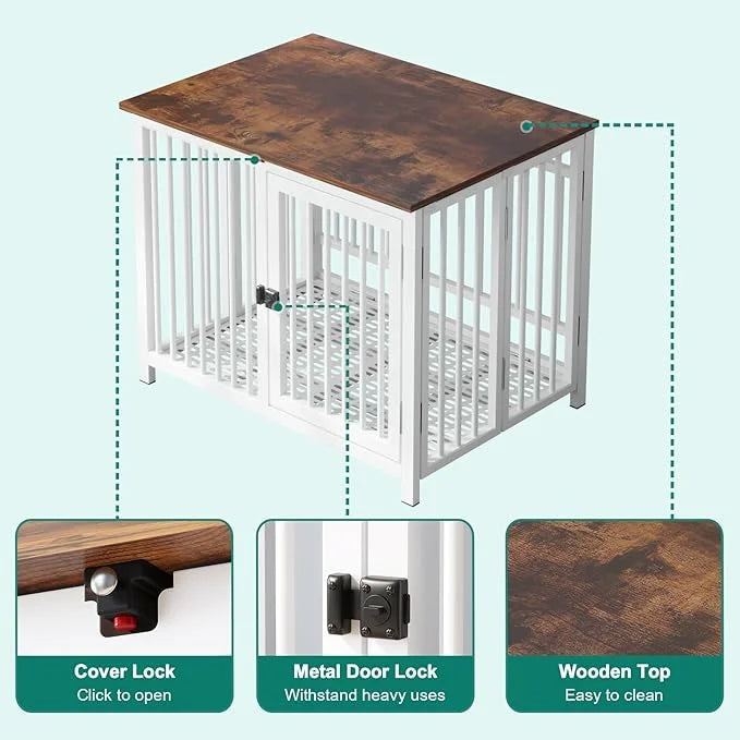 Heavy Duty Dog Crate Furniture, Fully Assembled exc. Locks, All Metal Frame & Wooden Tabletop, Modern Kennel for Small Dog...