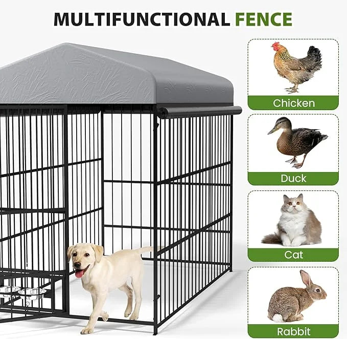 Rovibek Outdoor Dog Kennel with Roof, Dog Kennel Outside Heavy Duty Dog Playpen, Dog Run Enclosure with 2 Rotating Bowl & ...