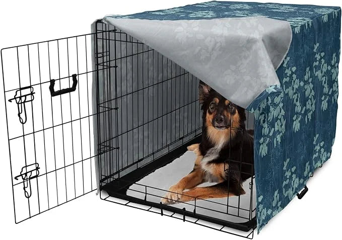 Lunarable Blue Floral Dog Crate Cover, Abstract Leaves and Outlines Rural Field Garden Foliage Art, Easy to Use Pet Kennel...