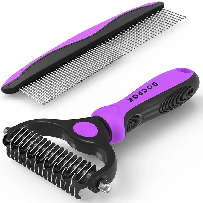 Pet Grooming Brush and Metal Comb Combo - Undercoat Rake for Dematting and Deshedding Long Matted Haired Dogs and Cats, Pu...
