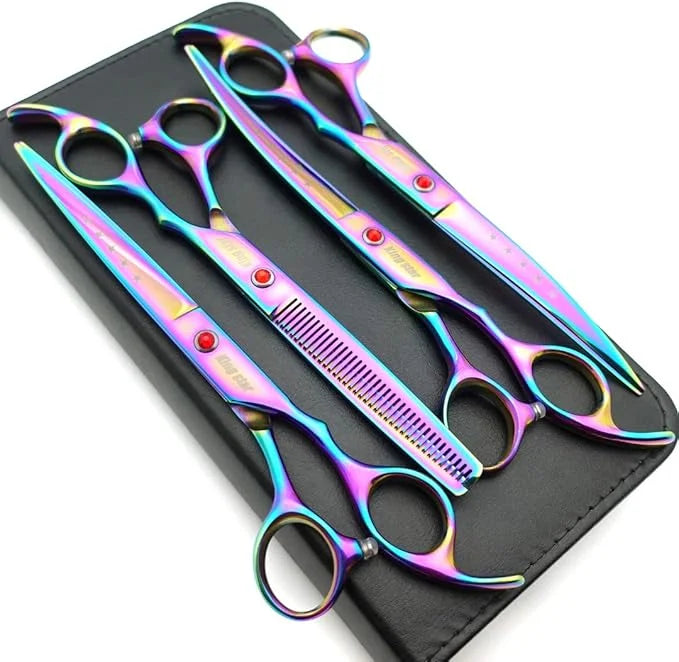 7.0in Titanium Rainbow Professional Pet Grooming Scissors Set,Straight & Thinning & Curved Scissors 4pcs Set for Dog Groom...