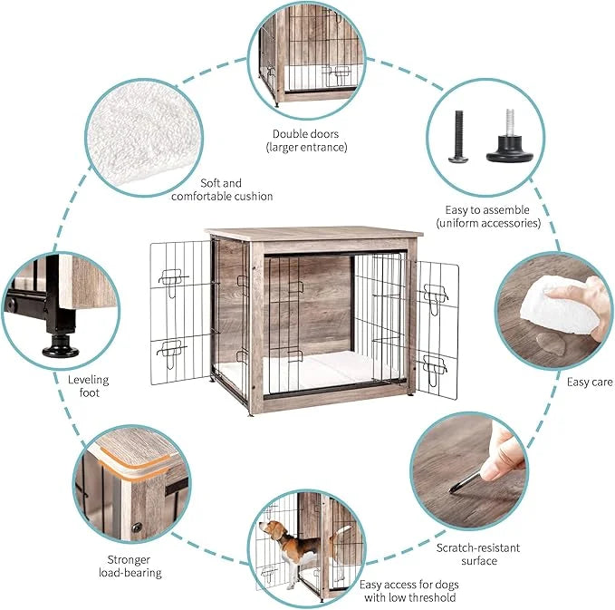 DWANTON Dog Crate Furniture with Cushion, Wooden Kennel Table with Double Doors, Indoor Dog House, Small/Medium/Large/Extr...
