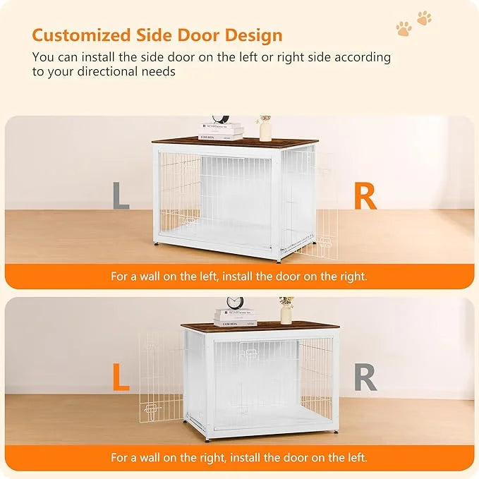 DWANTON Dog Crate Furniture with Cushion, Wooden Kennel Table with Double Doors, Indoor Dog House, Large Size, 38.5" L, Wh...