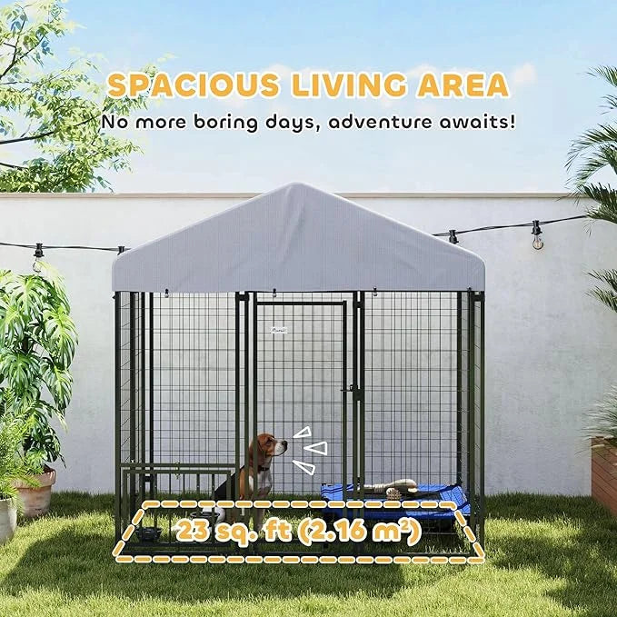 PawHut 5.9' x 4' x 6' Outdoor Dog Kennel, Welded Wire Heavy Duty Dog Run with 360° Rotating & 4 Level Adjustable Bowls, Do...