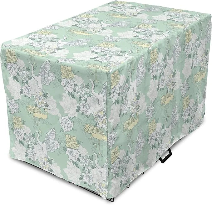 Lunarable Traditional Dog Crate Cover, Japanese Cranes Peonies Cultural Aspects Symbolic of Happy Life, Easy to Use Pet Ke...