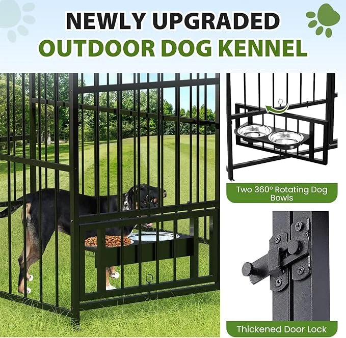 Rovibek Outdoor Dog Kennel with Roof, Dog Kennel Outside Heavy Duty Dog Playpen, Dog Run Enclosure with 2 Rotating Bowl & ...