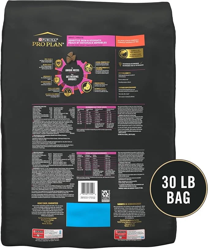 Purina Pro Plan Sensitive Skin and Stomach Dog Food Dry, Adult Salmon & Rice Formula, Digestive Health - 30 lb. Bag - Prod...