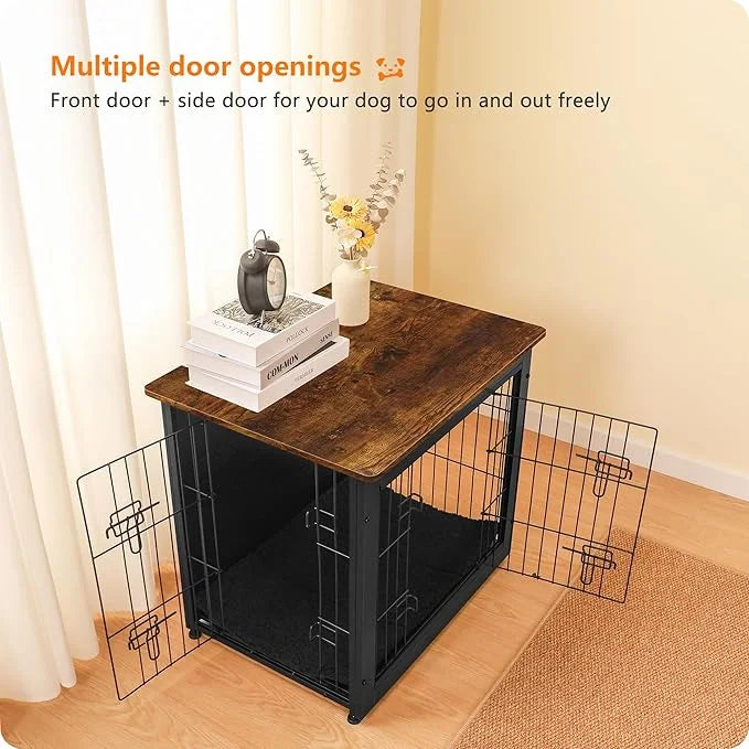 DWANTON Dog Crate Furniture with Cushion, Wooden Kennel Table with Double Doors, Indoor Dog House, Small/Medium/Large Size...